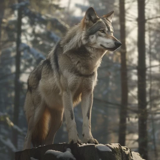 Majestic wolf profile picture standing on a stump with a serene forest background, perfect for an avatar or social media pfp.