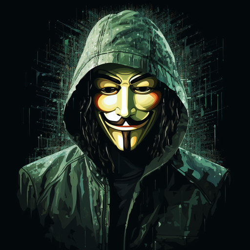 Guy Fawkes mask in pixel art style symbolizing anonymous computer hacking.