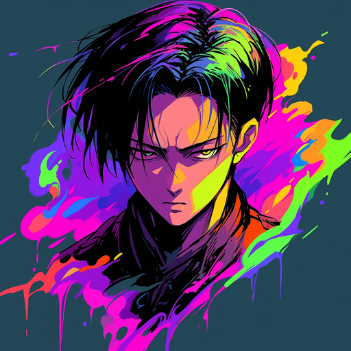 Levi from Attack On Titan with vibrant, colorful hair.