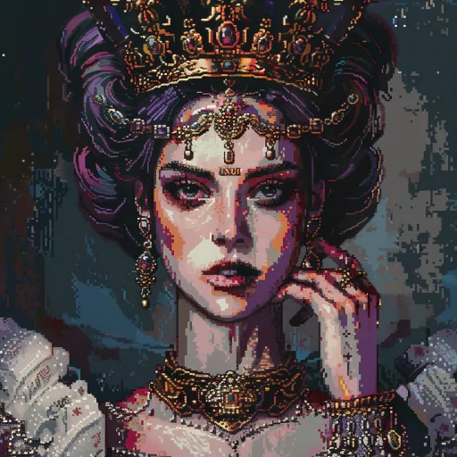 Pixel art avatar of a regal queen with a crown and royal attire for a profile photo.