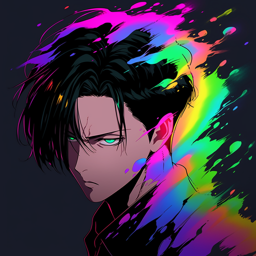 Levi Ackerman from Attack On Titan with vibrant, acid-colored hair