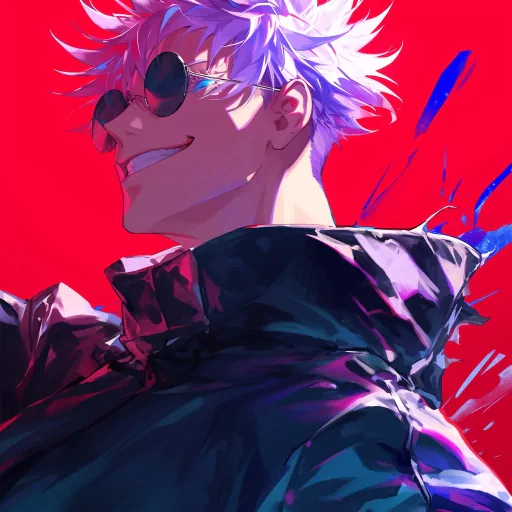 Stylish Gojo avatar featuring a smiling character with spiky blue hair and sunglasses against a dynamic red background, perfect for use as a profile picture.