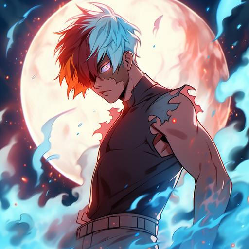 Todoroki from My Hero Academia against a moonlit background.