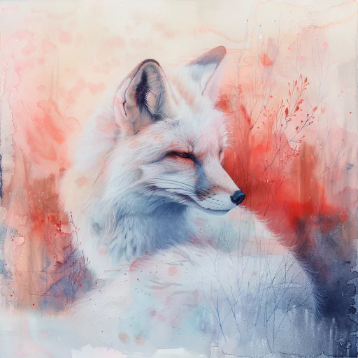 A serene portrait of a fox with closed eyes, set against a soft, watercolor-style background in shades of pink and blue.