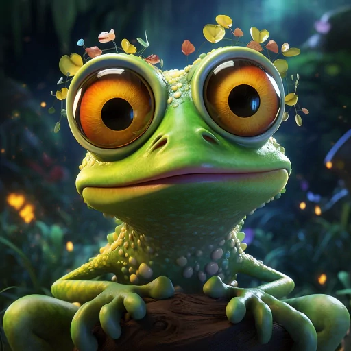 Cute cartoon frog avatar with large expressive eyes in a mystical forest setting.