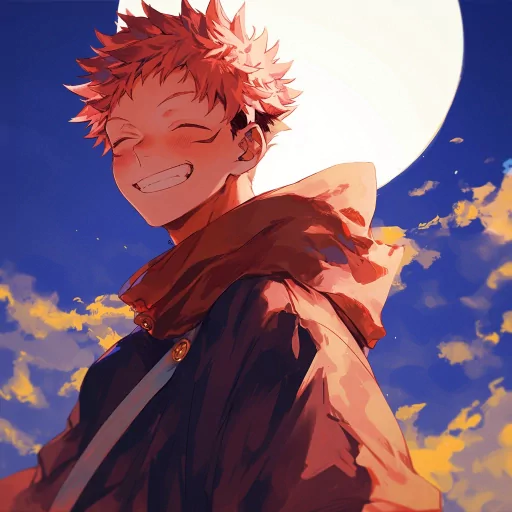 Stylized avatar of a smiling character with spiky hair against a backdrop of a sunlit sky with puffy clouds, often used as a profile picture.
