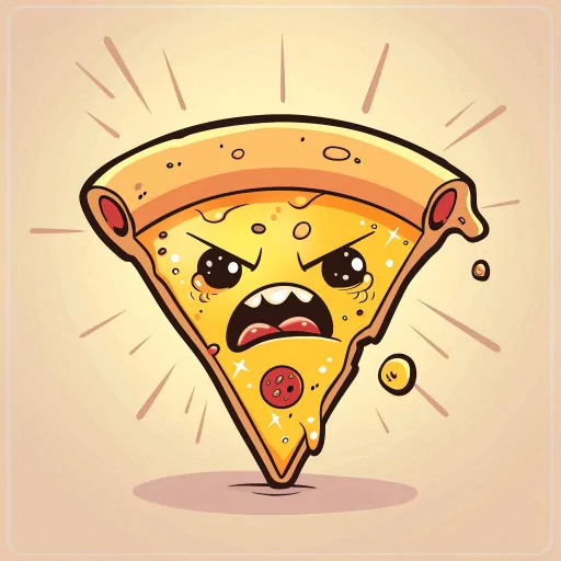 Cartoon pizza slice avatar with a cute but angry face for a fun and quirky profile image.