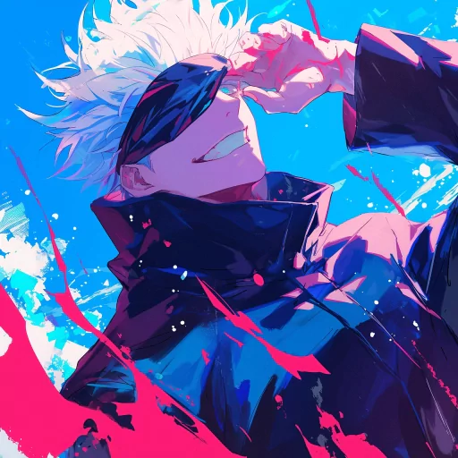 Stylized avatar of an anime character with white hair and blindfold, featuring vibrant blue and pink splashes in the background for a dynamic profile picture.