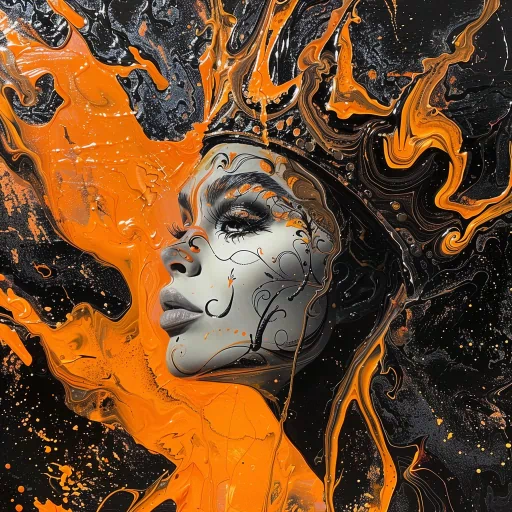 Artistic queen avatar with abstract orange and black swirls for a profile photo.
