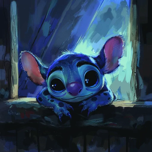Illustrated Stitch profile picture featuring the cute blue alien with big eyes leaning on a surface, with a moody blue and purple background, ideal for an avatar or personal branding.