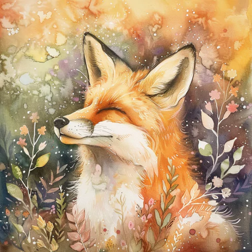 Illustration of a happy fox with closed eyes, surrounded by colorful foliage and a warm, dreamy background.