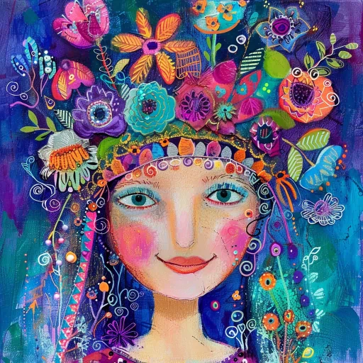 Colorful artistic queen avatar with a floral crown for profile photo.
