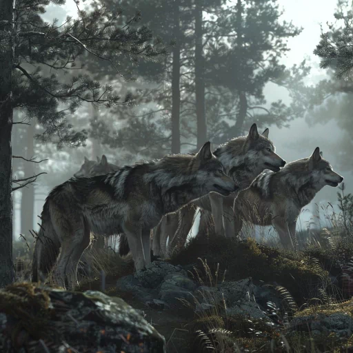 Wolf-themed avatar showcasing three wolves in a misty forest for a profile picture.