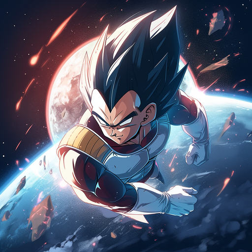 Vegeta standing confidently in a cosmic backdrop.