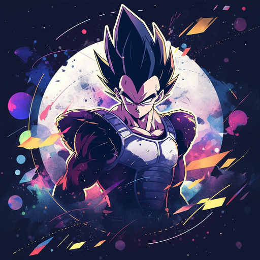 Vegeta floating in space, wearing a determined expression and ready for battle.