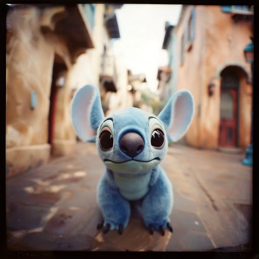 Cute Stitch avatar with a wide-eyed, friendly expression for a profile photo, set against an old town street background.
