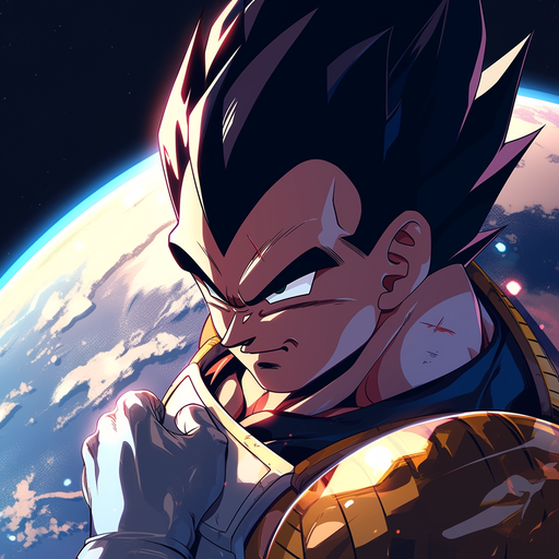 Vegeta in space, surrounded by stars, with a determined expression.