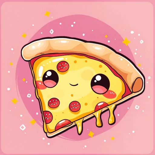 Cute cartoon pizza slice avatar with a smiling face, pepperoni, and melty cheese on a pink starry background. Perfect as a fun profile picture.