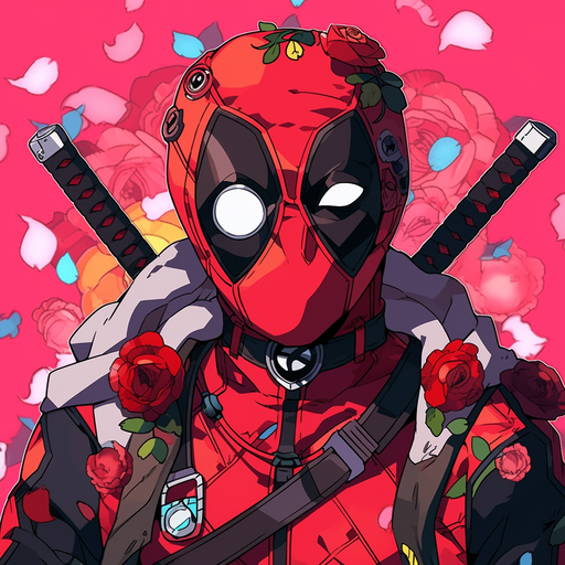 Colorful 80s-style anime artwork of Deadpool, with vibrant hair and a mischievous expression.