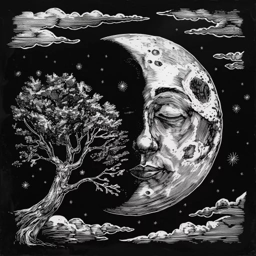 Artistic black and white profile picture featuring a detailed crescent moon with a human face alongside a tree, set against a starry night sky.