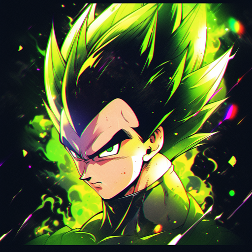 Green-haired Vegeta with an intense expression.