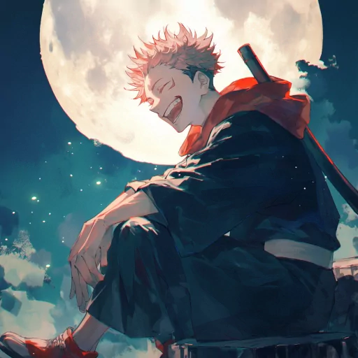 Illustration of a laughing Yuji Itadori from Jujutsu Kaisen as a profile picture, with a full moon in the background.