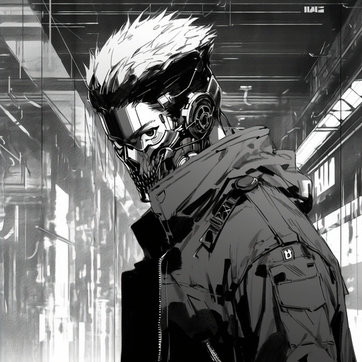 Monochrome manga artwork depicting cyberpunk character Satoru Gojo in a futuristic style.