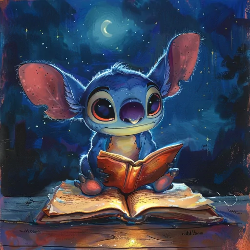 Illustration of Stitch from Lilo & Stitch reading a book with a moonlit night background for a profile picture.