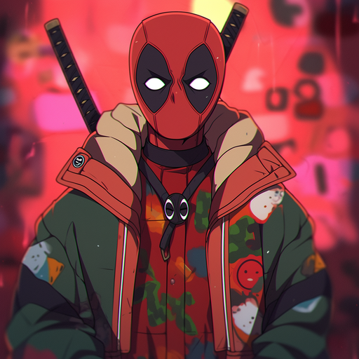 Colorful anime artwork of Deadpool in an 80s style with vibrant retro aesthetics.