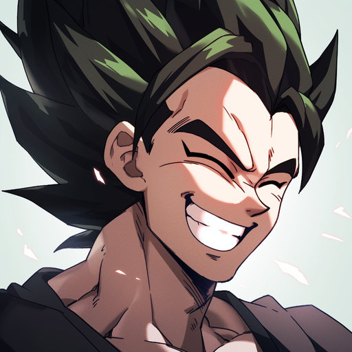 Gogeta, Dragon Ball Z character, smiling with black hair.