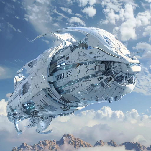 Detailed spaceship with intricate designs flying above clouds, ideal for a sci-fi themed profile picture.