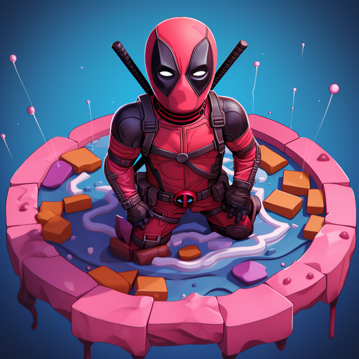Vibrant isometric artwork of Deadpool with vivid colors.