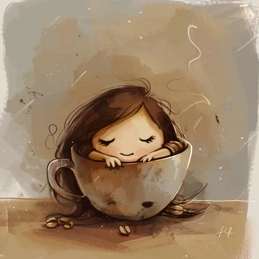 Illustration of a cute cartoon girl hugging a coffee cup, perfect for a cozy coffee-themed profile picture or avatar.