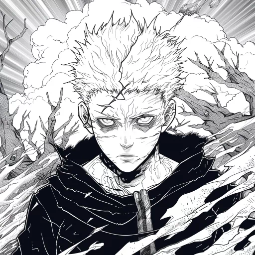 Black and white illustrated profile picture of a Jujutsu Kaisen character with spiky hair and intense gaze, suitable for an avatar or social media display.