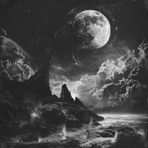 Monochrome avatar featuring a dramatic moonrise over a mystical landscape with clouds and shimmering water.