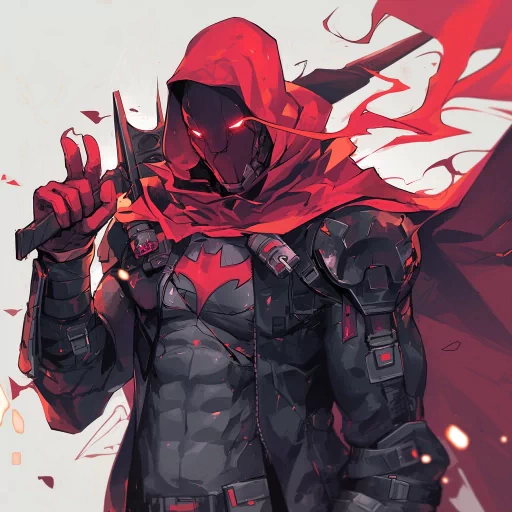 Stylized profile image of a figure in a red hood holding a blade, with a dynamic red and white background, perfect for a dramatic gaming avatar.