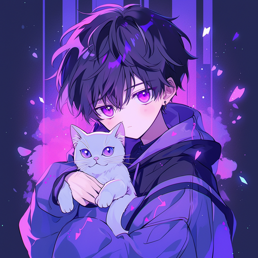 Anime boy with a purple aesthetic and cat.