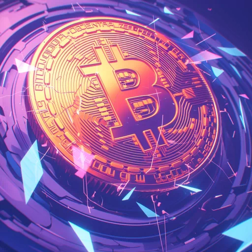 Stylized Bitcoin cryptocurrency digital avatar with a vibrant blue and purple background for use as a profile picture.