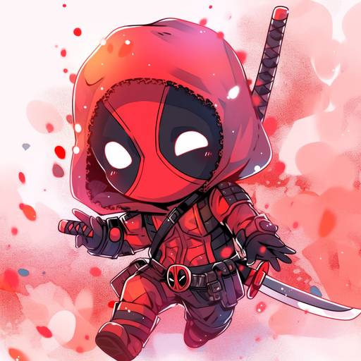 Chibi-style illustration of Deadpool, a popular character known for his humor and red costume.