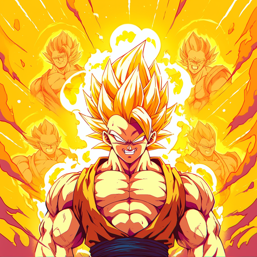 Powerful Super Saiyan, Gogeta, with a radiant sun backdrop.