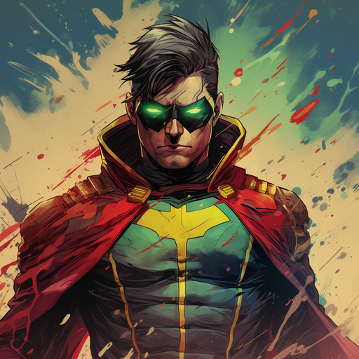 Colorful comic-style rendering of Robin, character from DC Comics, highlighting their vibrant costume and confident pose.