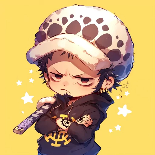 Illustrated avatar of a chibi-style character with a serious expression, wearing a distinctive patterned hat and a black hoodie, ideal for a law-themed profile picture.