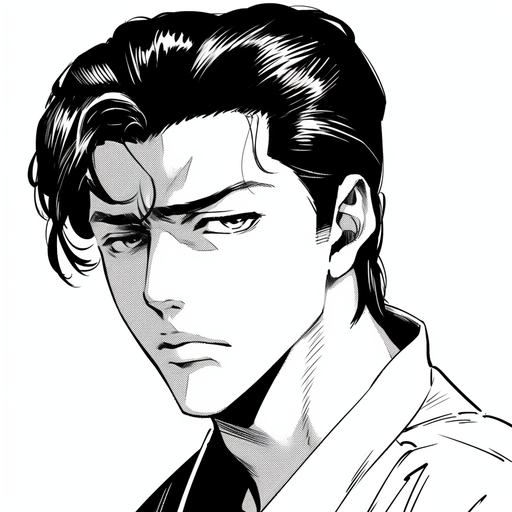 A stylized black and white portrait of Satoru Gojo, a character from a comic book.