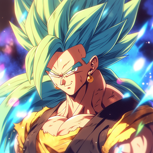 Gogeta with golden hair exuding an epic aura.