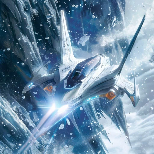 Futuristic spaceship profile picture gliding through an icy asteroid field.