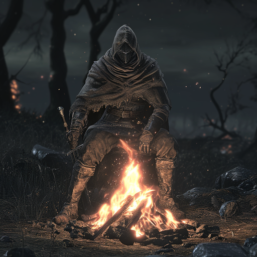 Dark Souls character resting beside a bonfire.