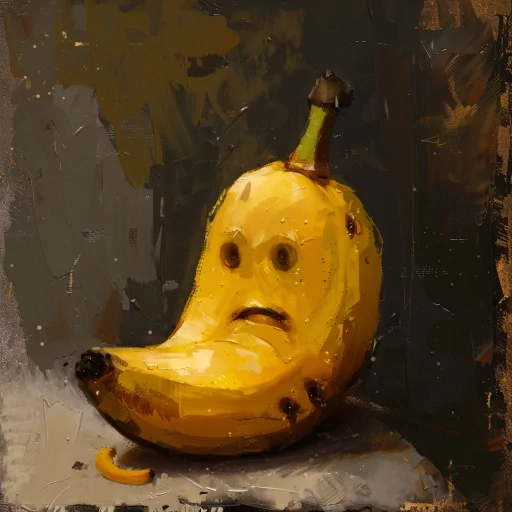 Artistic banana avatar with a surprised facial expression set against an abstract dark background.