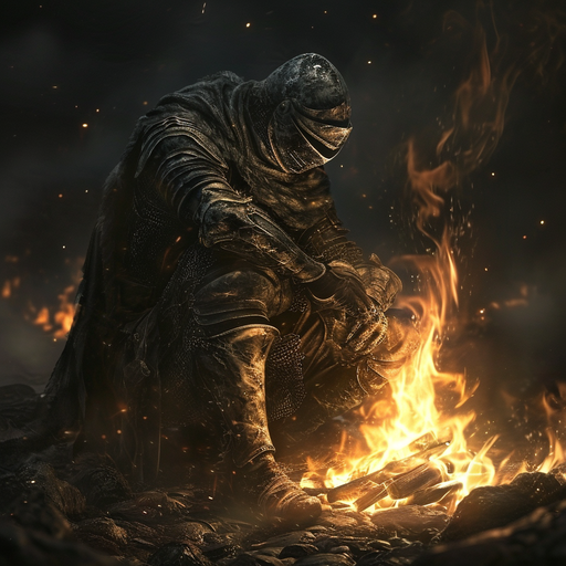 Player character resting at a bonfire in the dark world of Dark Souls