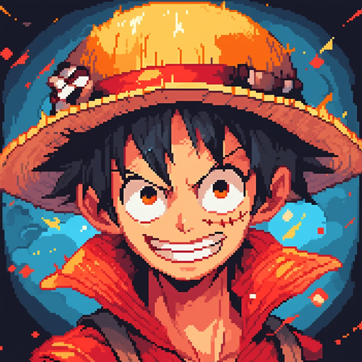 Luffy, a pixel art profile picture, featuring the character from the anime series One Piece.