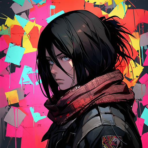 Confident and serious Mikasa Ackerman with graffiti backdrop.